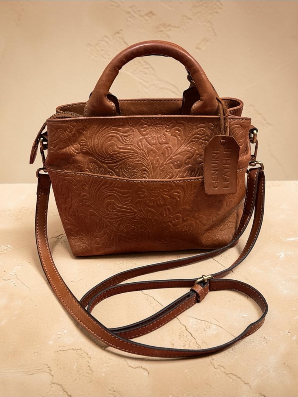Embossed Leather Bag with Double Handles and Crossbody Strap